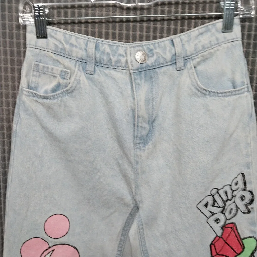 Justice Baggy Jeans Girls Bazooka Ring Pop Graphic Light Wash 12 Blue Y2K